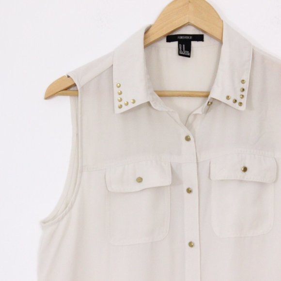 *Forever 21 Y2K Beige Button Up Sleeveless Blouse - Picture 2 of 4